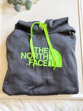 The North Face Hoodie Gray Neon Green Logo Pullover Sweatshirt Size L